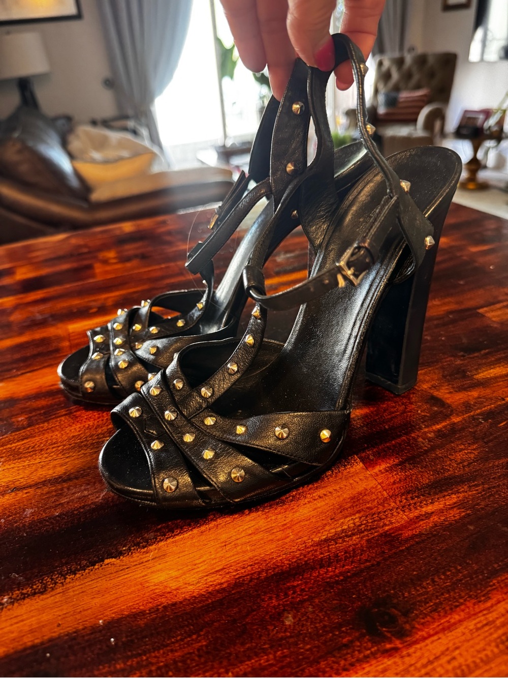 Gucci Black Studded Leather High Heel Sandals